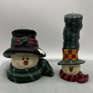 Vintage Christmas Snowman Unscented Candles w/Hats & Scarves Lot of (2) Candles